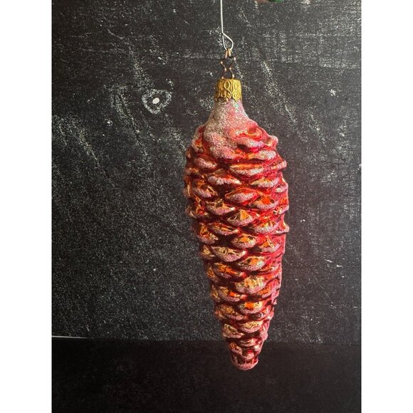 Inge Glass Large Red Blown Glass Glittered Pine Cone Christmas Ornament 6.5" Han - Picture 6 of 6